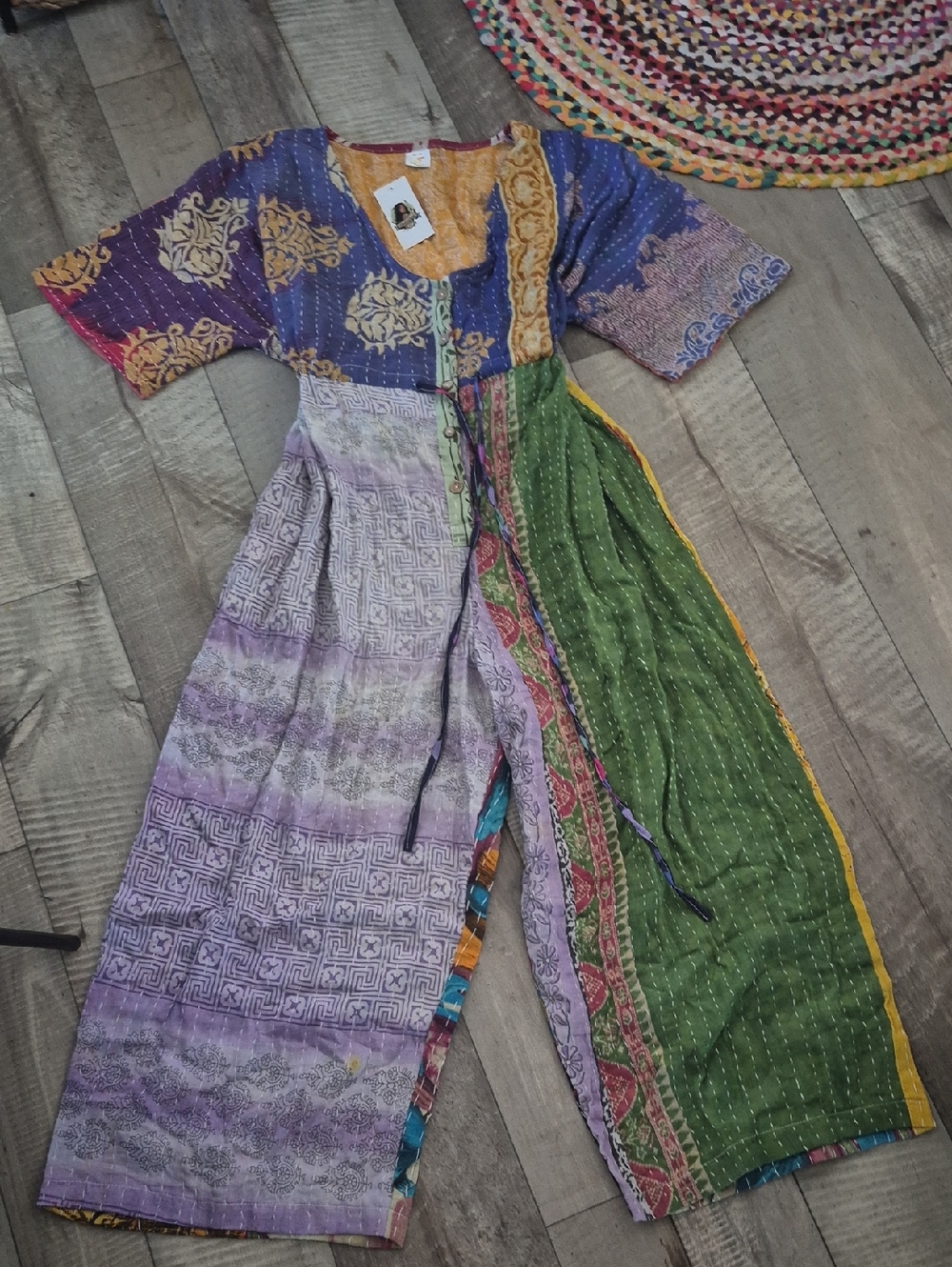 Custom High Quality Kantha Bohemian Patchwork Wide-Leg Jumpsuit Adjustable NWT - Picture 3 of 11